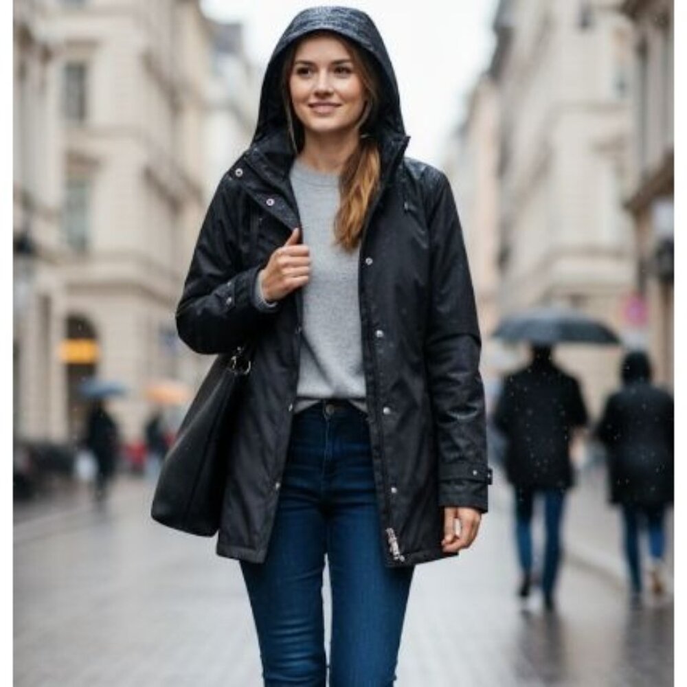 ⭐Black Hooded Raincoat Women's Small Windbreaker Mid-Weight Jacket Weatherproof